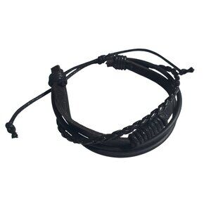 Black Leather Braided Adjustable Bracelet Unisex Rustic Style Handmade Rope Laye